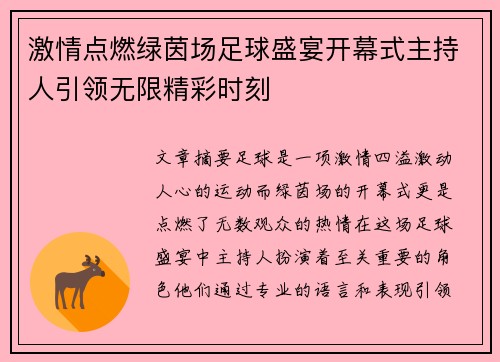 激情点燃绿茵场足球盛宴开幕式主持人引领无限精彩时刻