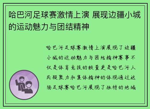 哈巴河足球赛激情上演 展现边疆小城的运动魅力与团结精神