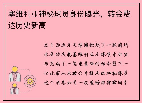 塞维利亚神秘球员身份曝光，转会费达历史新高